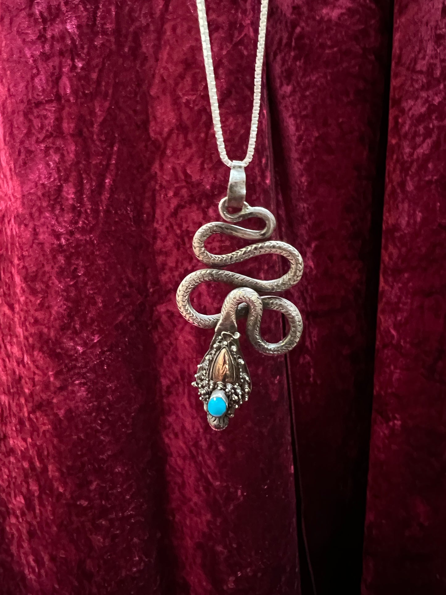 Vintage 925 Sterling Silver Snake Necklace – Turquoise Accent Serpent Pendant