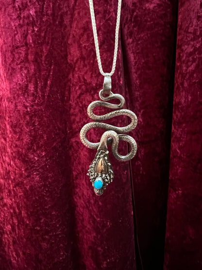Vintage 925 Sterling Silver Snake Necklace – Turquoise Accent Serpent Pendant