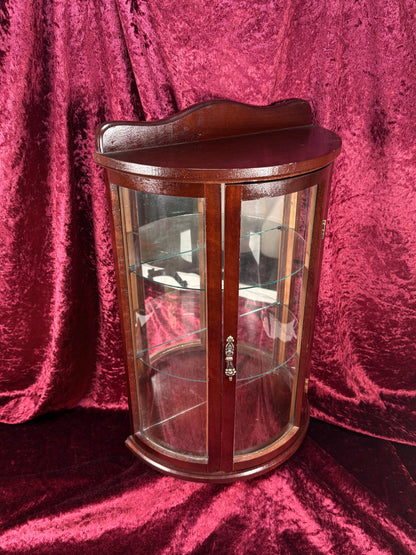 Vintage Curio Cabinet - Table Top Wood Curved Glass Cabinet - Mirrored Back - Glass Shelves - 20" Tall