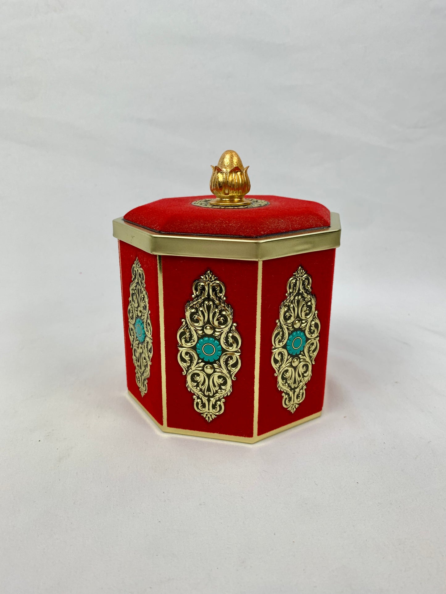 Vintage Blue Bird Confectionery Dark Academia Red Velvet Octagonal Tin - Gold and Turquoise Accents