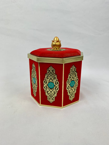 Vintage Blue Bird Confectionery Dark Academia Red Velvet Octagonal Tin - Gold and Turquoise Accents