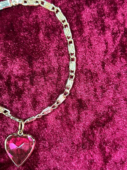 Vintage Jewelry - Bracelet - Gold Tone Metal - Pink Heart Pendant - Germany