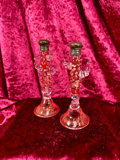 Vintage Kitchen - Salt and Pepper Shaker Set - Handblown Glass - Red Hobnail Cactus