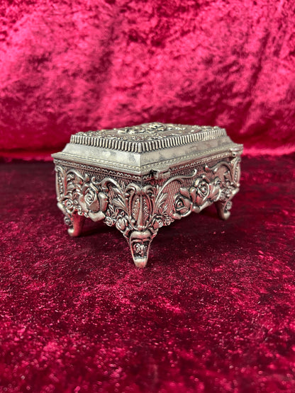 Vintage Vanity - Jewelry Box - Ornate Silver Rose Filigree - Black Velvet Lining - Footed