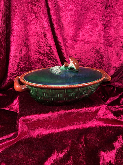 Vintage Ceramic Covered Casserole Dish - Majolica Mushroom Lid Basketweave Belgium Tellurite