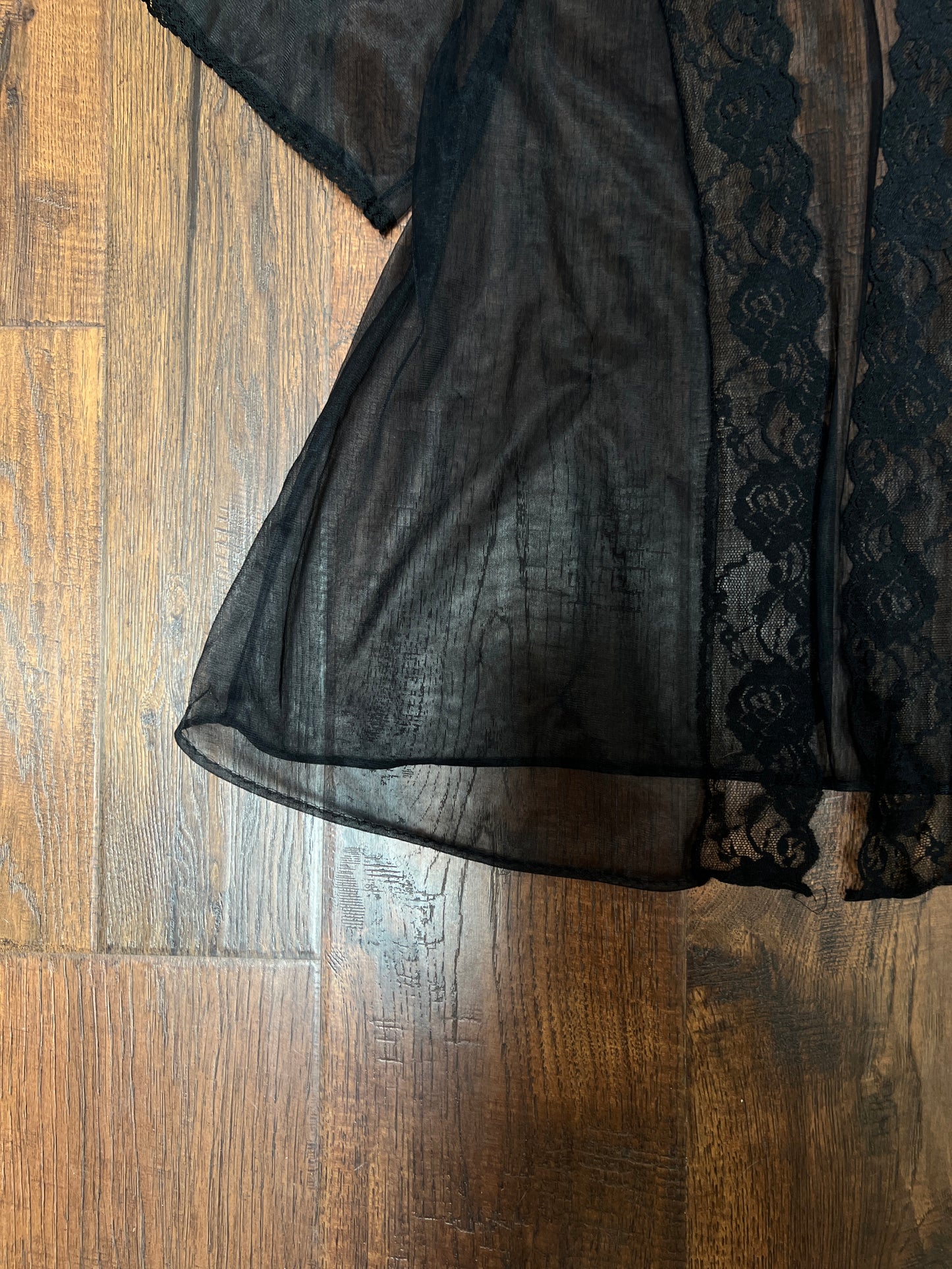 Vintage Night Winks Bed Jacket -  Sheer Black with Floral Lace Open Front - Medium