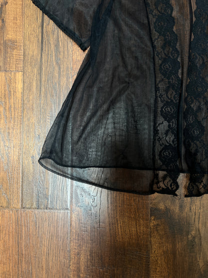 Vintage Night Winks Bed Jacket -  Sheer Black with Floral Lace Open Front - Medium