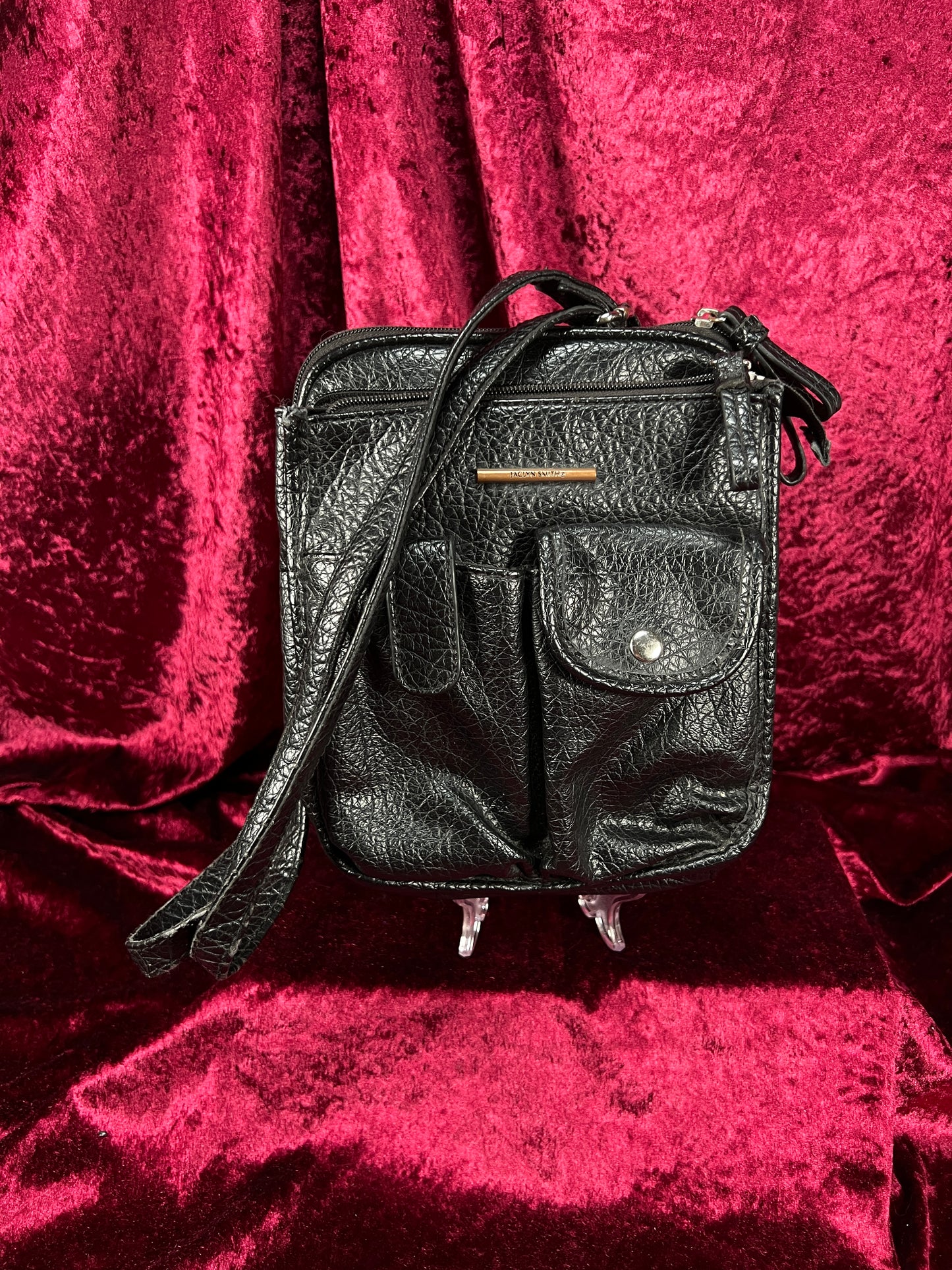 Vintage Faux Leather Crossbody Bag - Black Utility Pocket Shoulder Purse - Jaclyn Smith