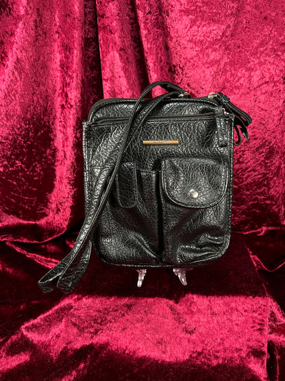 Vintage Faux Leather Crossbody Bag - Black Utility Pocket Shoulder Purse - Jaclyn Smith