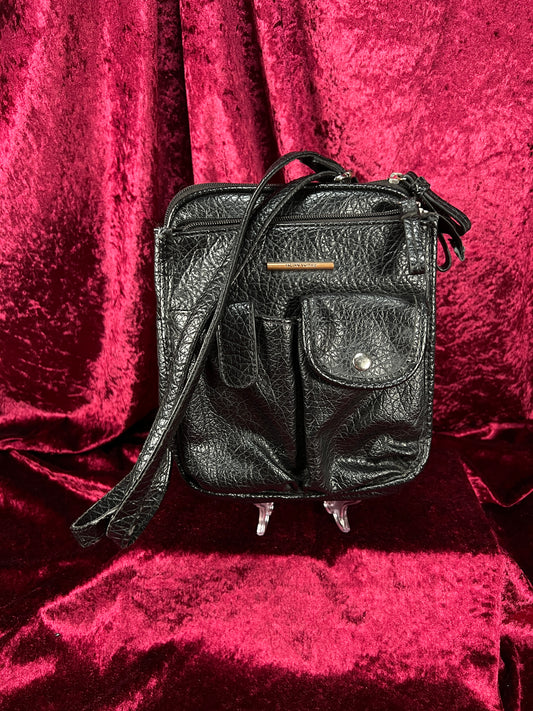 Vintage Faux Leather Crossbody Bag - Black Utility Pocket Shoulder Purse - Jaclyn Smith