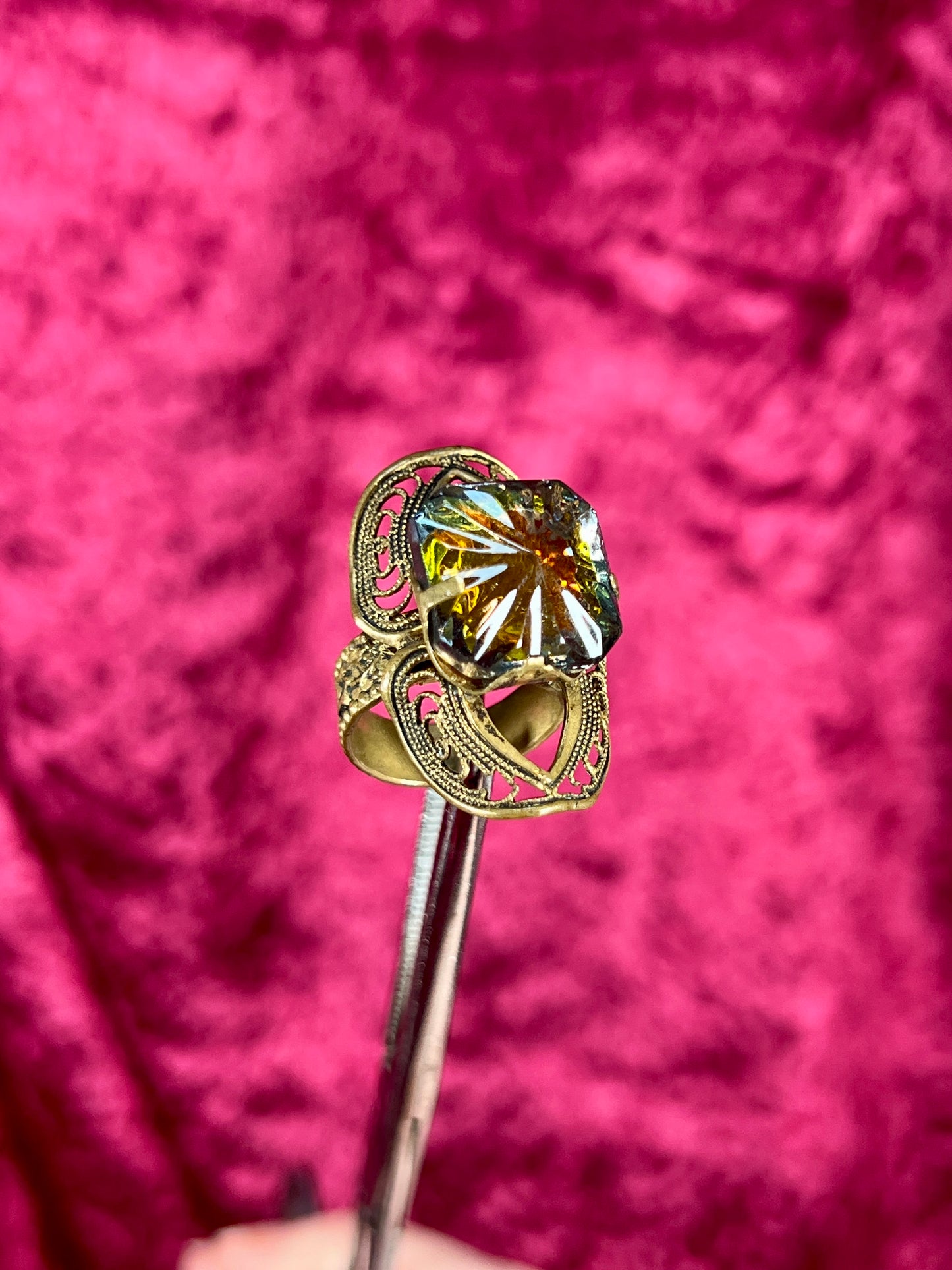 Vintage Jewelry - Adjustable Cocktail Ring - Brass - Aurora Borealis Crystal - West Germany