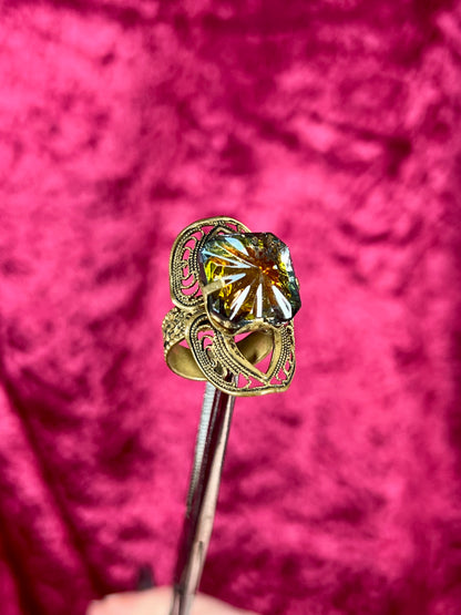 Vintage Jewelry - Adjustable Cocktail Ring - Brass - Aurora Borealis Crystal - West Germany