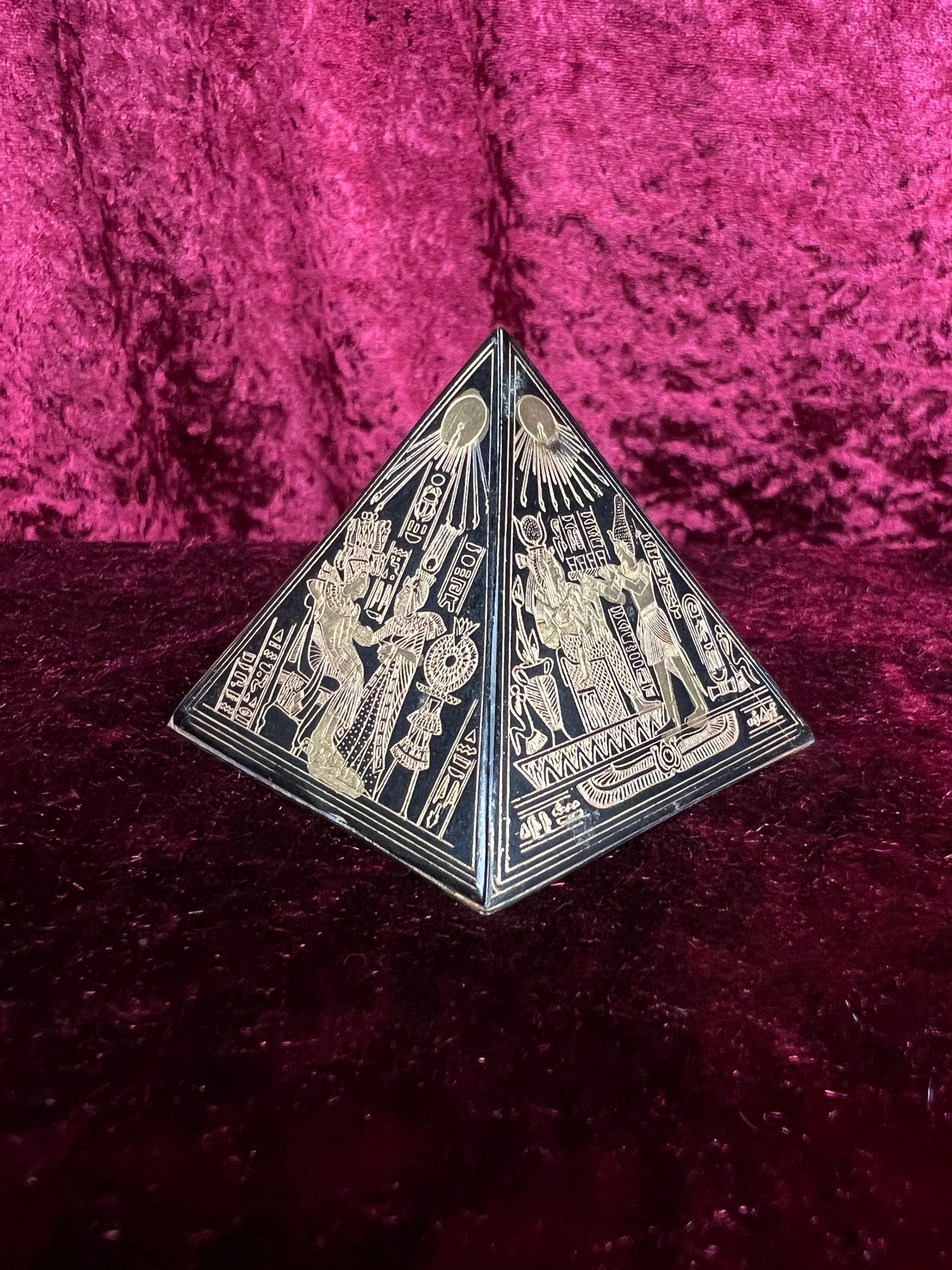 Vintage Metal Pyramid Paperweight - Gold Hieroglyphic Egyptian Souvenir