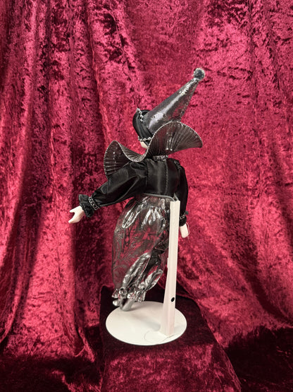 Vintage Silvestri Porcelain Pierrot Doll – Silver Metallic Black Harlequin Figure