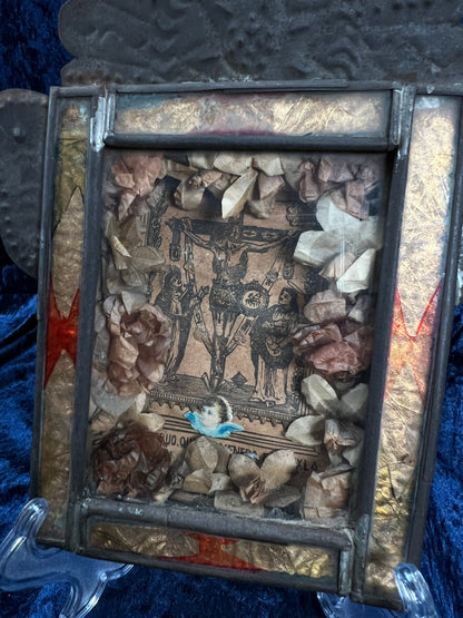 Vintage Metal Religious Shadow Box – Crucifixion Dried Flower Folk Art Shrine