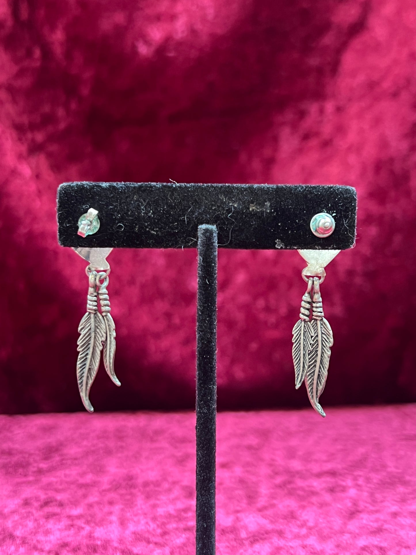 Vintage Jewelry - Sterling Silver Earrings - Navajo Turquoise Bear Claw with Dangling Feathers