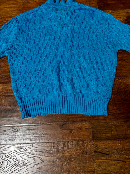 Vintage Gianni Benini Sweater - Robin's Egg Blue Open Knit Tie Neck Pullover - Medium