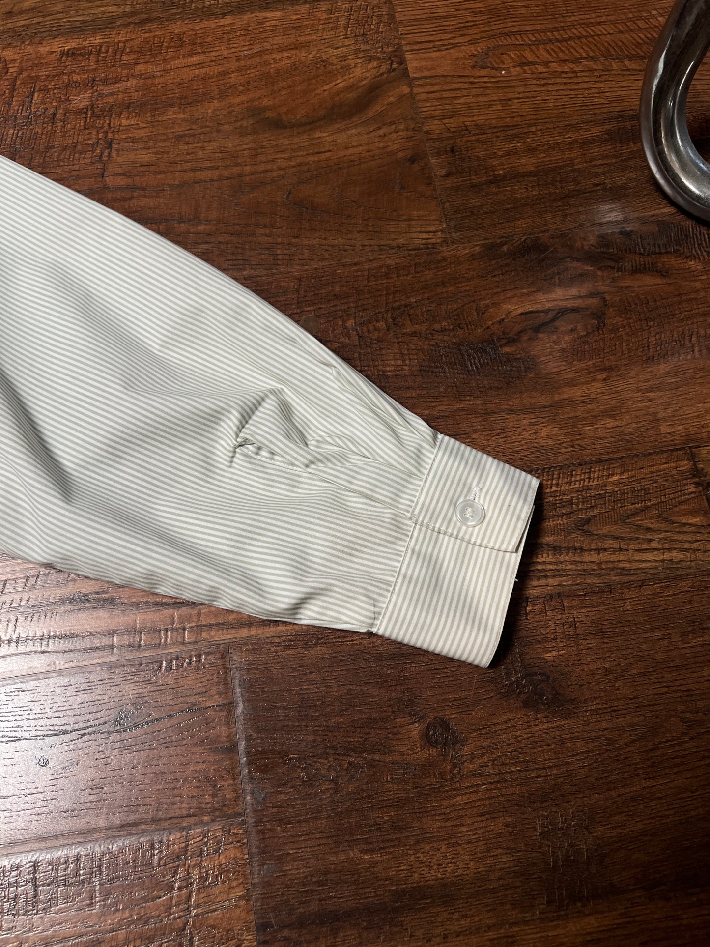 Vintage Koret Francisca Cotton Blend Blouse – Green Pinstripe Floral Embroidery – Medium