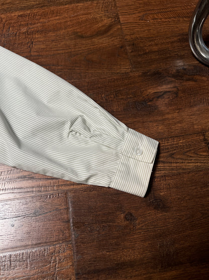Vintage Koret Francisca Cotton Blend Blouse – Green Pinstripe Floral Embroidery – Medium