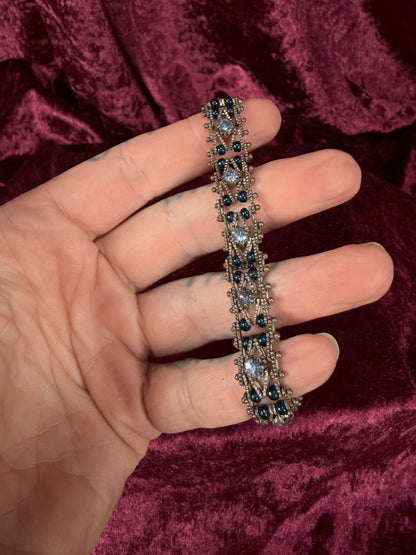 Vintage Silver Tone Rhinestone Bracelet - Two Tone Blue Crystal Beaded Design