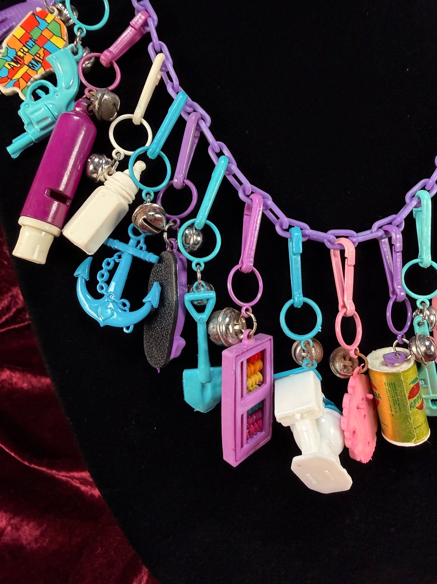 Vintage 1980s Plastic Chain Charm Necklace - 20 Bell Charms - Purple & Aqua Blue