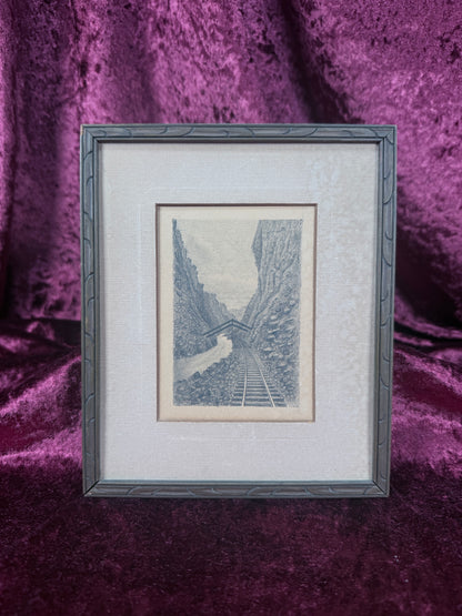 Vintage Framed Etching – Railroad Canyon Landscape in Wood Frame