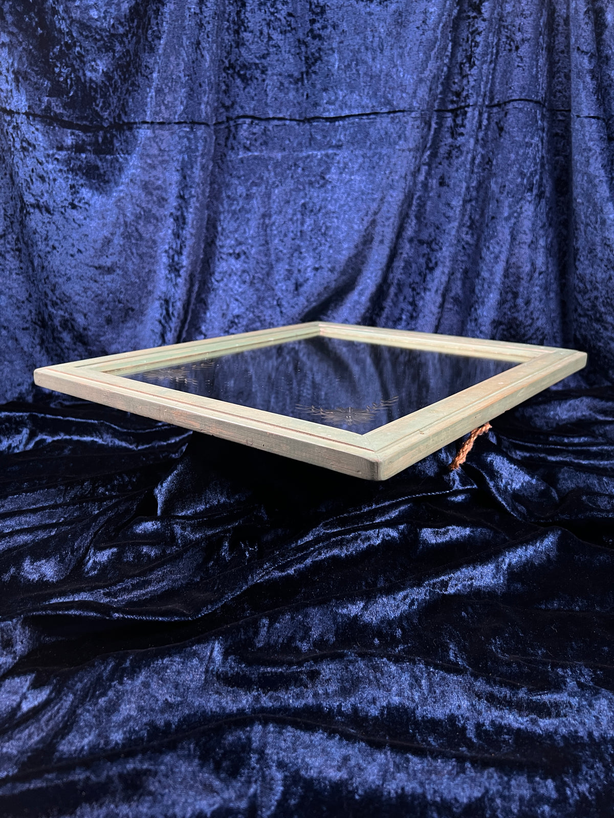 Vintage Wood Framed Mirror - Etched Floral Glass Moss Green Painted Frame