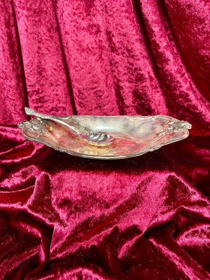 Vintage Kitchen - Curved Serving Dish with Spoon - Silver Metal  - Ornate Floral Edge