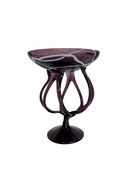 Vintage Art Glass - Jellyfish Pedestal Bowl - Amethyst and White - Makora - Made In Poland