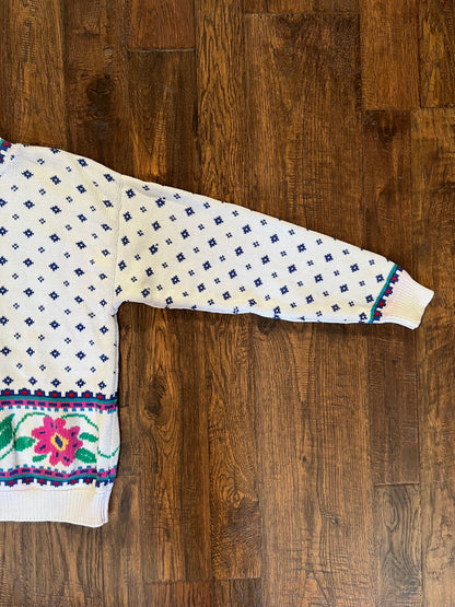 Vintage Clothing - Crewneck Knit Sweater - Pink Floral Banner - Medium - Eddie Bauer