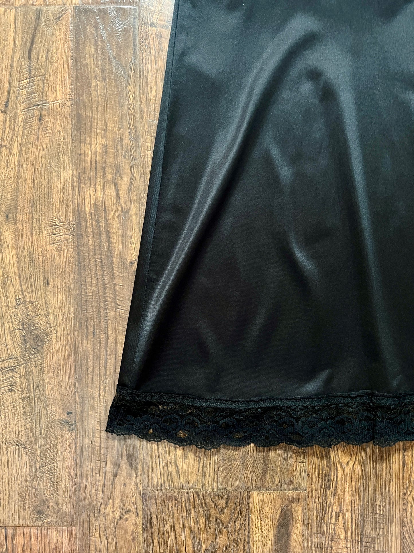 Vintage Nylon Spaghetti Strap Slip Dress - Black Lace Trim Nightgown