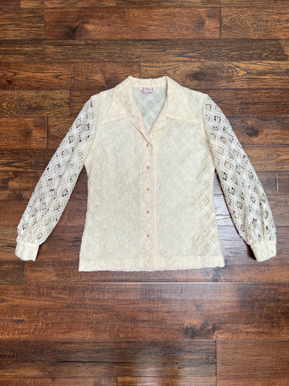 Vintage Clothing - Button Front Blouse - Floral Lattice Lace - Beige - Medium - Fashioned by Gregory