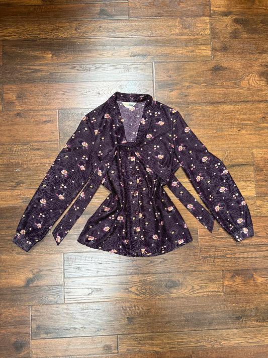 Vintage Clothing - 1970s Polyester Tie-Neck Blouse - Flower Clusters on Purple - Ecco Bay - Medium