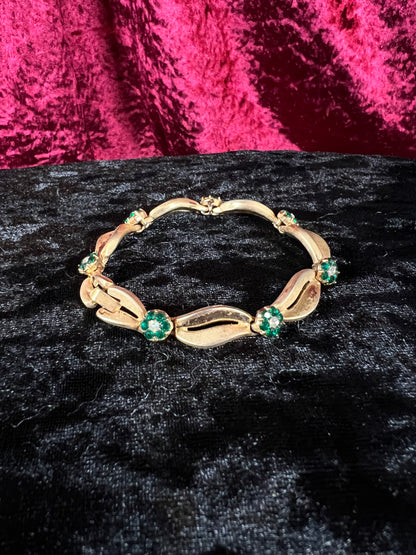 Vintage Gold Tone Trifari Bracelet - Green Rhinestone Floral Link Design