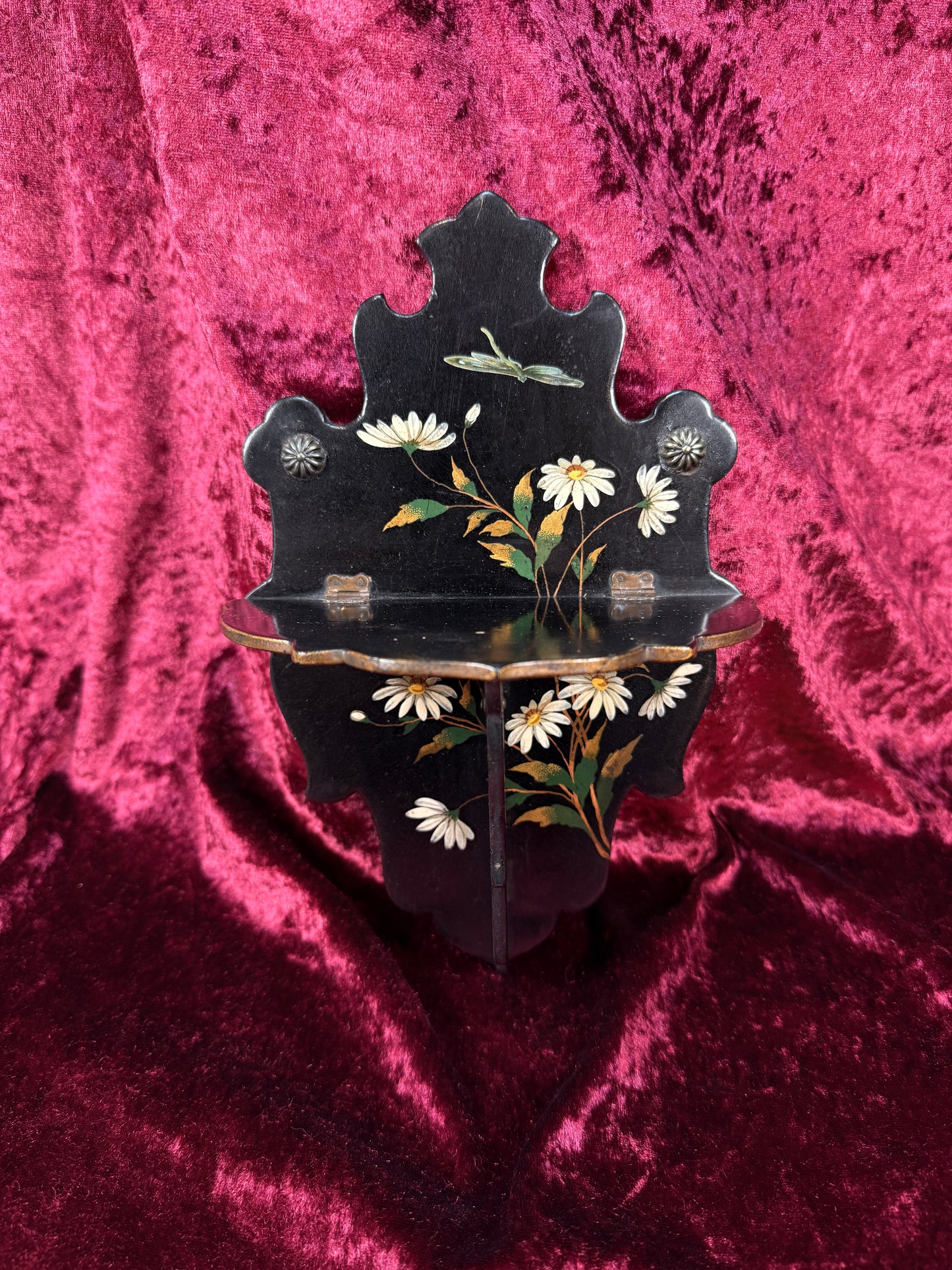 Antique Victorian Papier-Mache Collapsible Wall Shelf – Hand Painted Daisies and Dragonfly on Black Lacquer