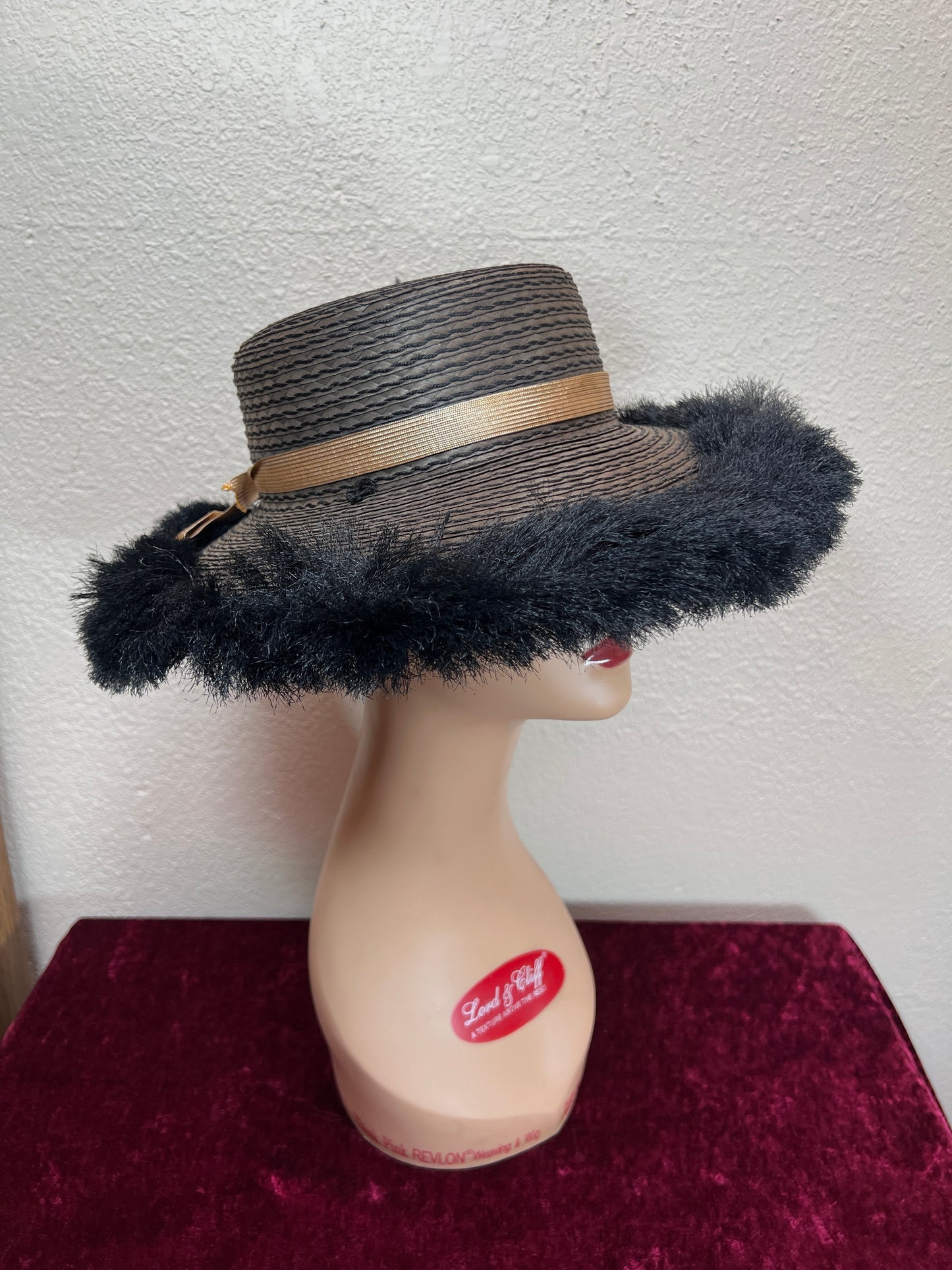 Vintage Accessories - Straw Sun Hat - Black with Faux Ostrich Feather Brim - Medium