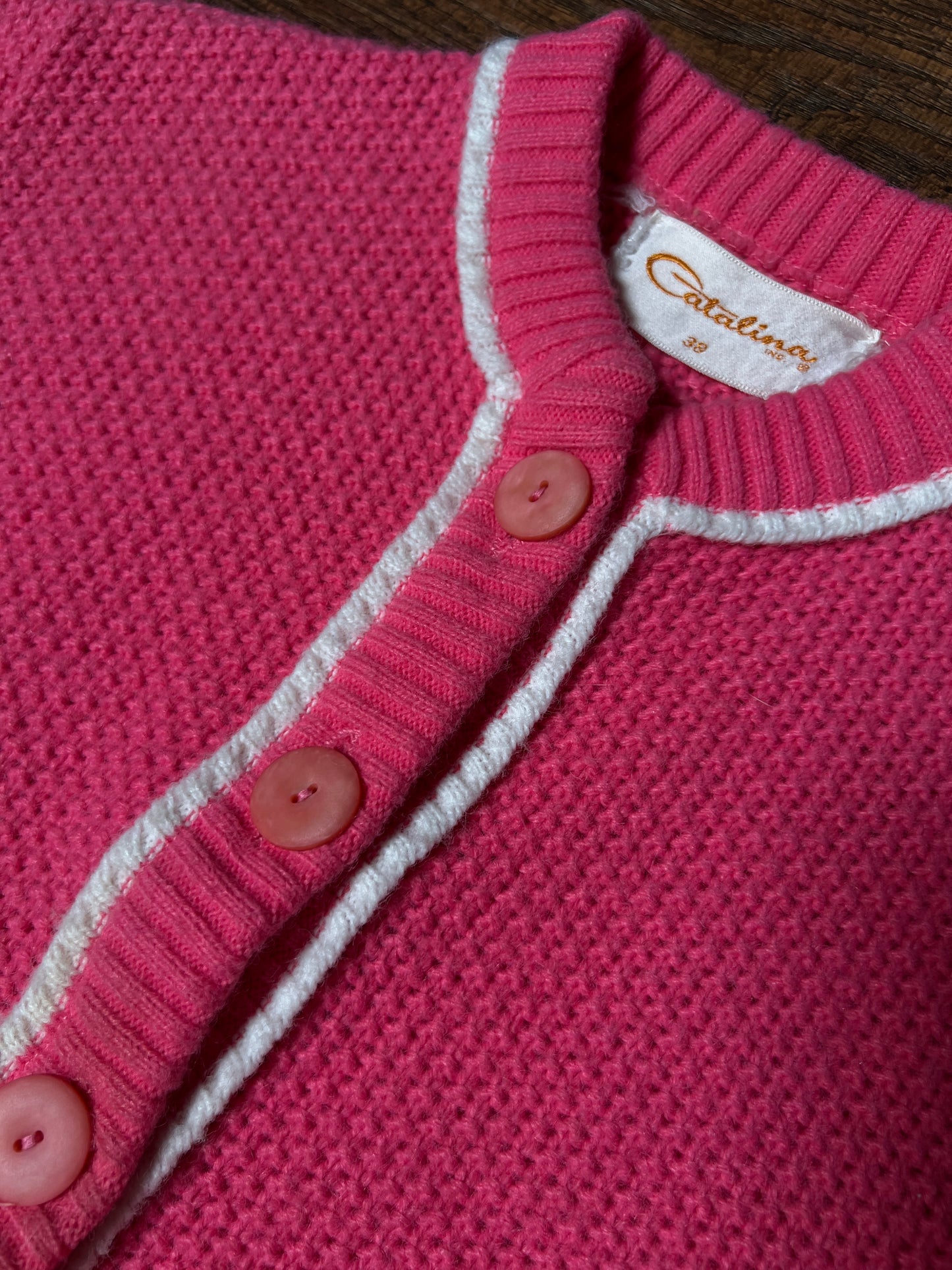 Vintage Catalina Knit Cardigan - Bubblegum Pink White Trim Button Front Sweater - Small