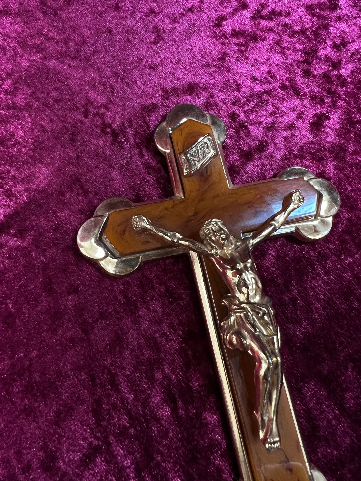 Vintage Brass Crucifix Cross - Marbled Bakelite Inlay Religious Wall Hanging