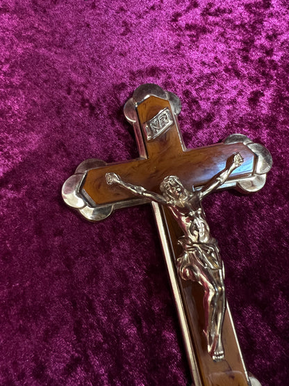 Vintage Brass Crucifix Cross - Marbled Bakelite Inlay Religious Wall Hanging
