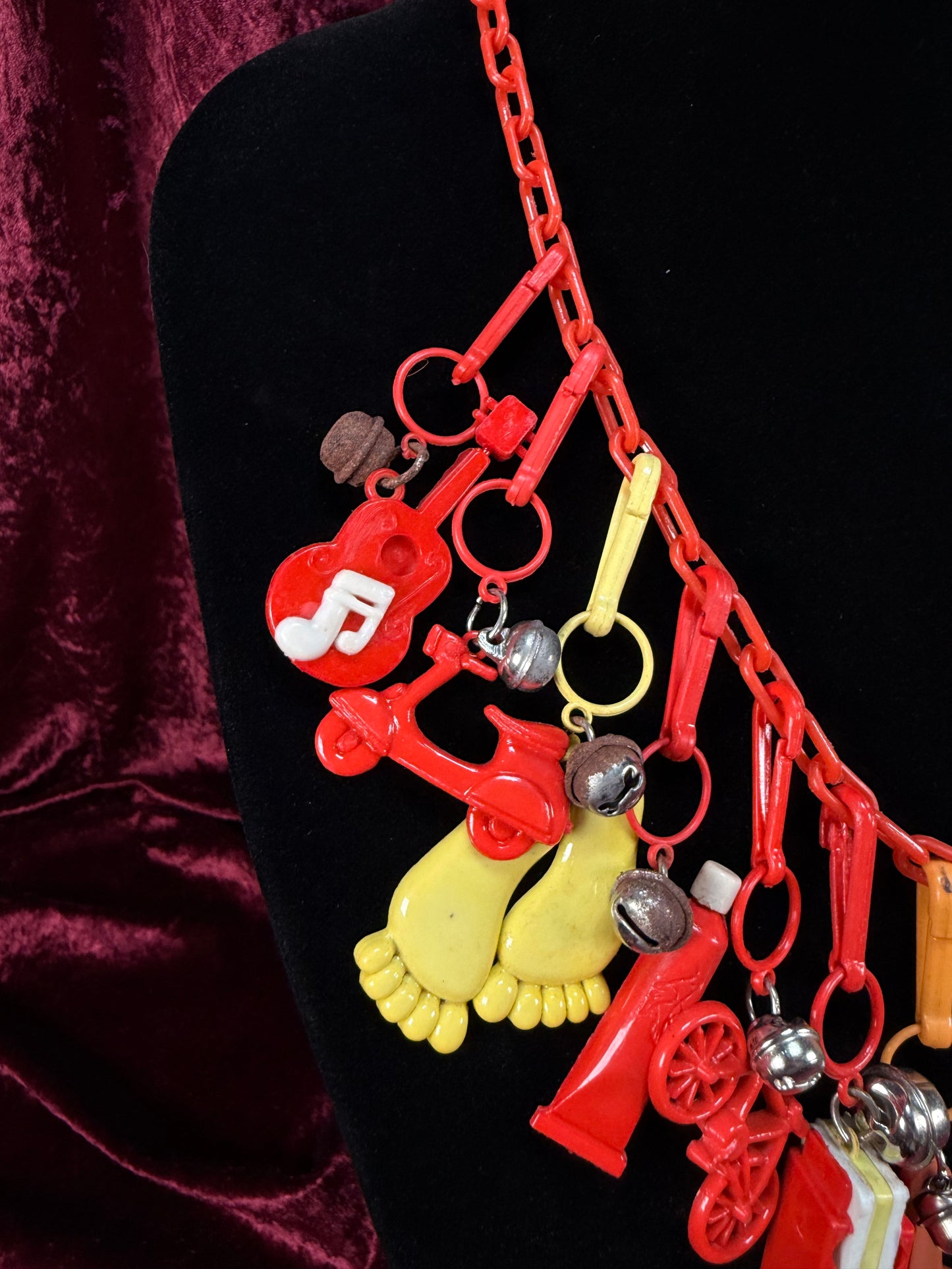 Vintage 1980s Plastic Chain Charm Necklace - 17 Bell Charms - Red Orange Yellow