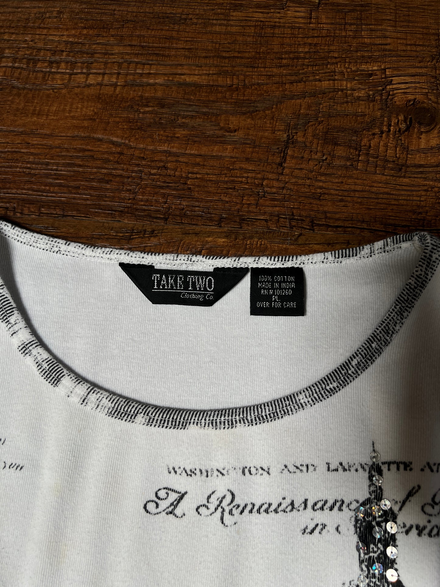 Vintage Take Two Cotton Graphic Top — Paris Eiffel Tower Sequin Print - Size Large