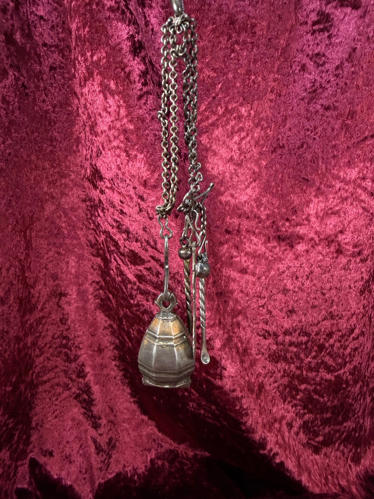 Antique Silver Opium Chatelaine – Flower Topped Picks with Locket Ball - Late Qing Dynasty