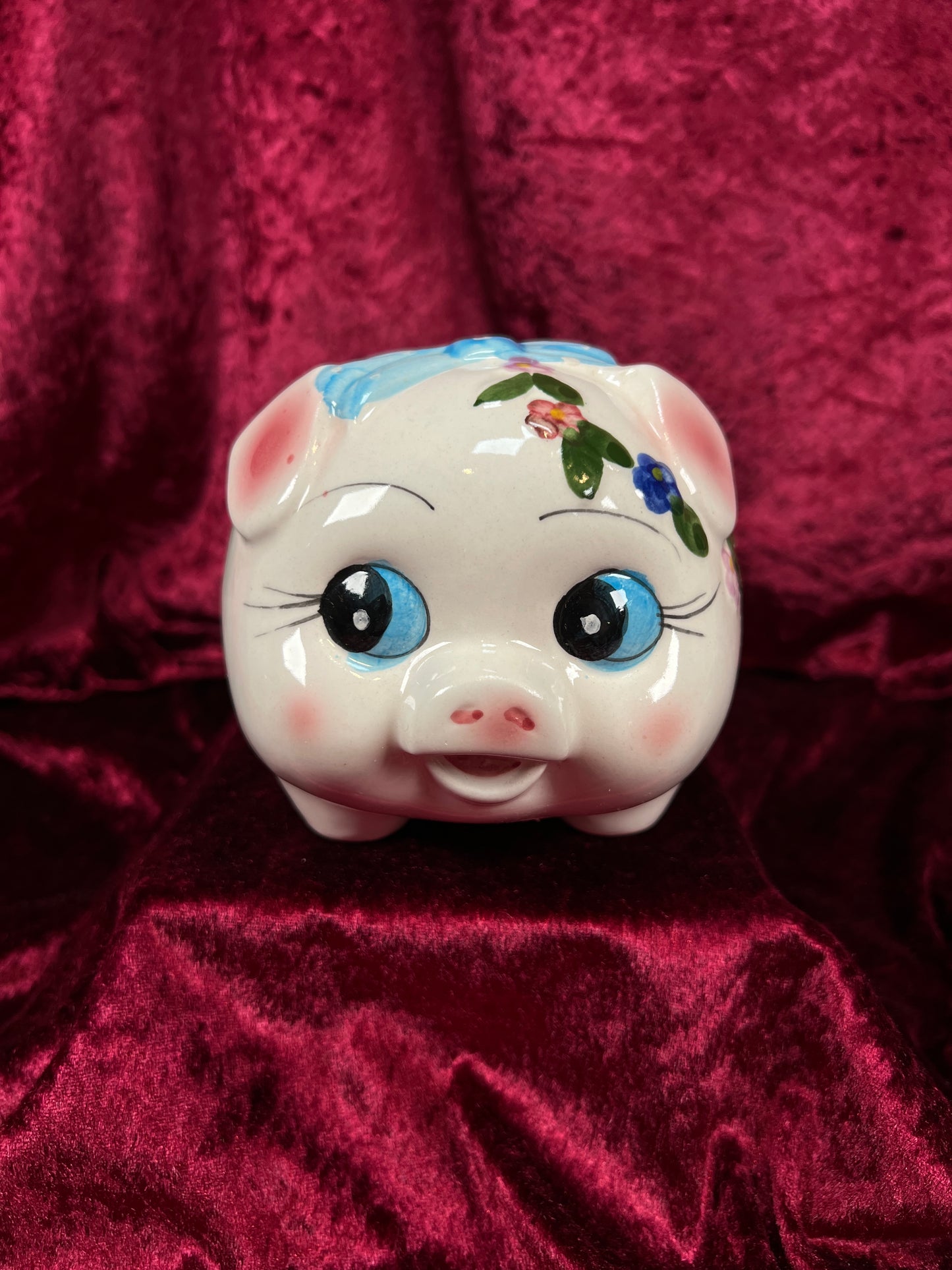Vintage Ceramic Piggy Bank - Anthropomorphic Blue Eyed Kitsch Pig