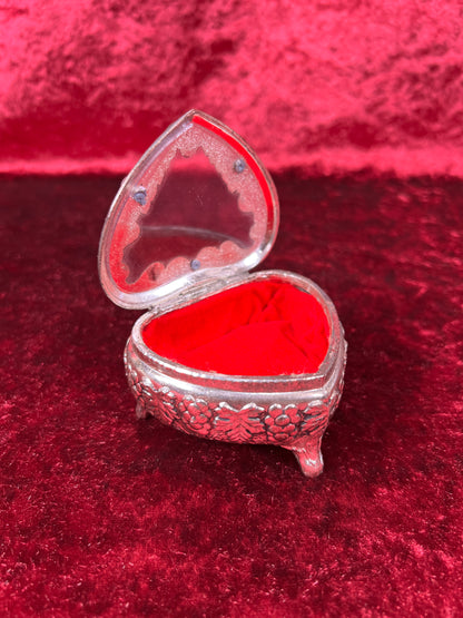 Vintage Vanity - Heart Shaped Jewelry Box - Ornate Silver Grapevine Filigree - Red Velvet Lining - Footed