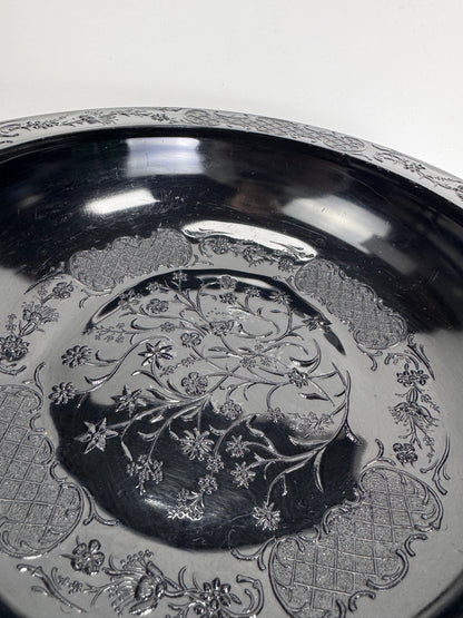 Vintage Footed Black Pressed Glass Bowl - Floral Trellis Decorative Pattern