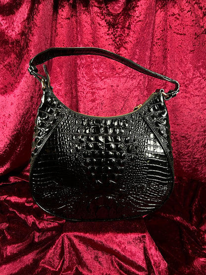 Vintage Brahmin Black Melbourne Leather Hobo Bag - Croc Embossed Shoulder Purse