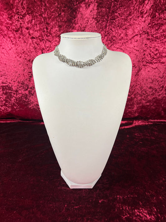 Vintage Jewelry - Collar / Choker Necklace - Silver Tone Metal - Braided Clear Rhinestones - 17.5”