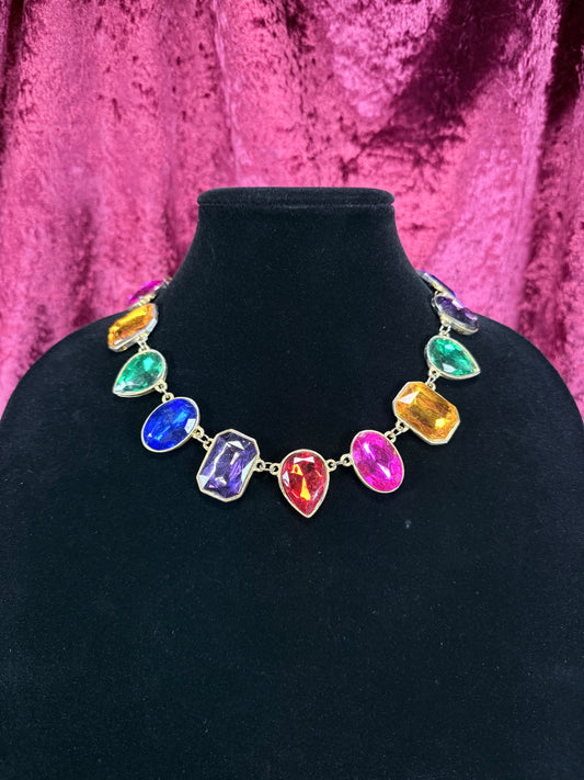 Vintage Gold Tone Lucite Necklace - Multicolor Rainbow Faceted Rhinestone Jewel Statement