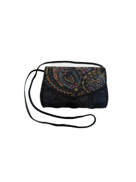 Vintage Purse - Colorful Beaded Black Evening Crossbody - La Regale