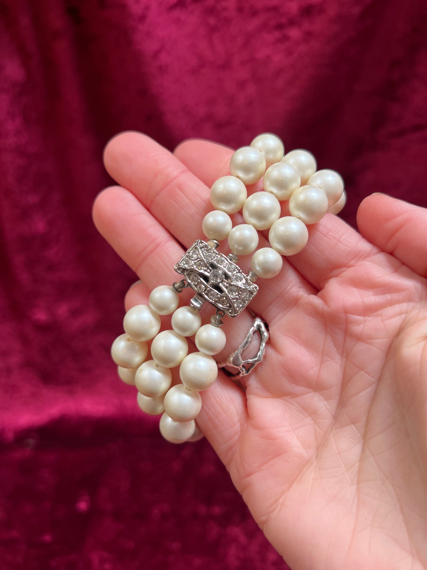 Vintage Jewelry - 3-Strand Bracelet - Faux Pearls with Rhinestone Clasp - 7.5"